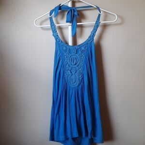 💫💫💫 DEREK HEART ♥ BLUE BOHO CROCHET HALTER TOP SMALL